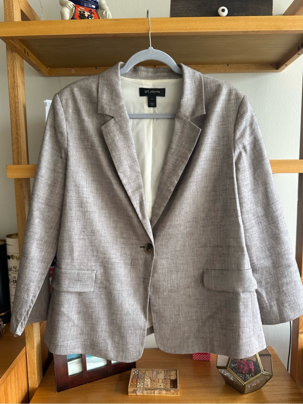 St. John Light Taupe/Beige Single-Button Linen Blend Blazer - size 12